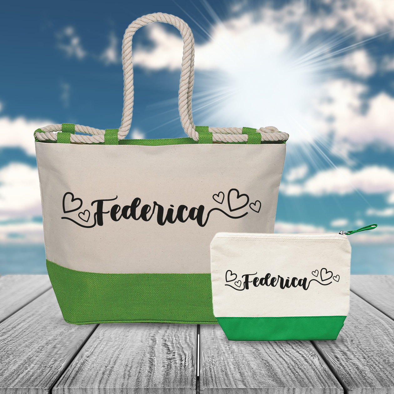 Name hearts style - Combo: Borsa mare + Pochette - personalizzata con nome