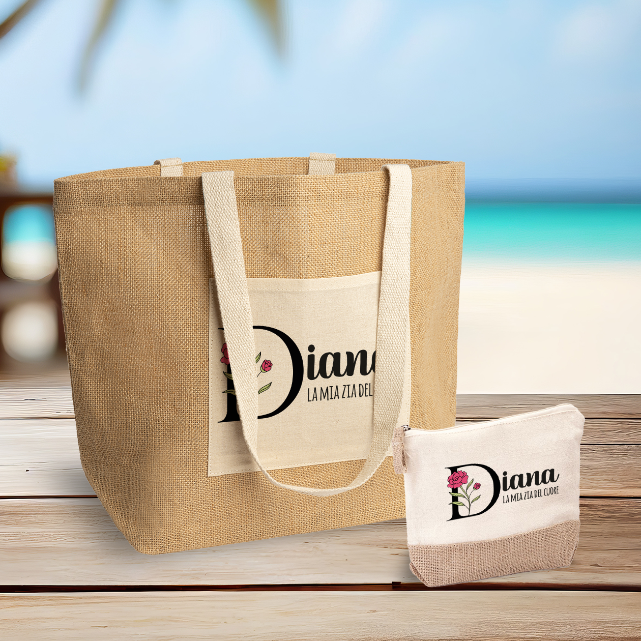 La mia zia del cuore - Set Combo Borsa mare e Pochette in Juta laminata - personalizzato con nome