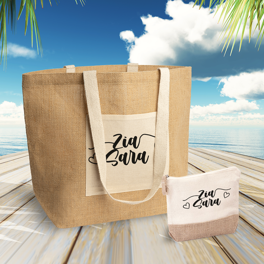 Zia name - Set Combo Borsa mare e Pochette in Juta laminata - personalizzato con nome