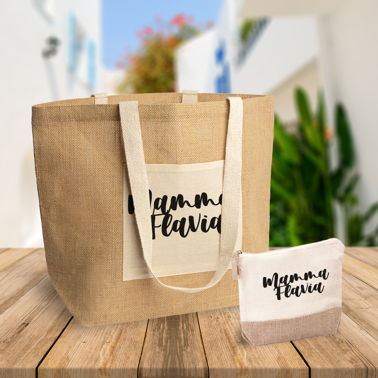 Mamma name - Set Combo Borsa mare e Pochette in Juta laminata - personalizzata con nome