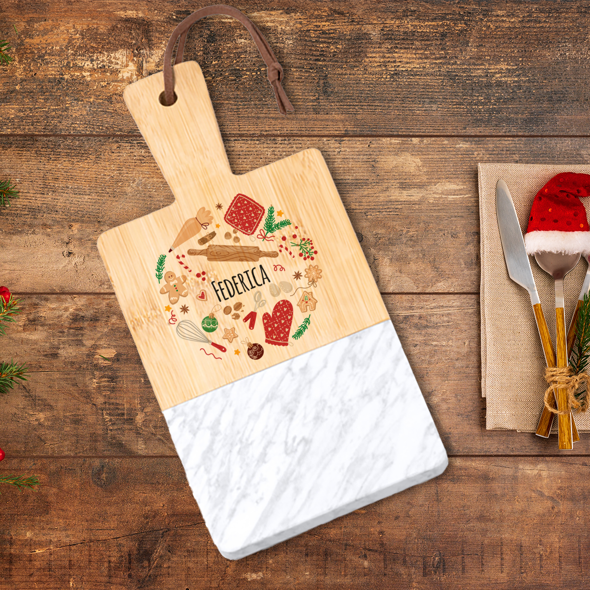 Kitchen - Tagliere in marmo e bamboo naturale - personalizzato con nome