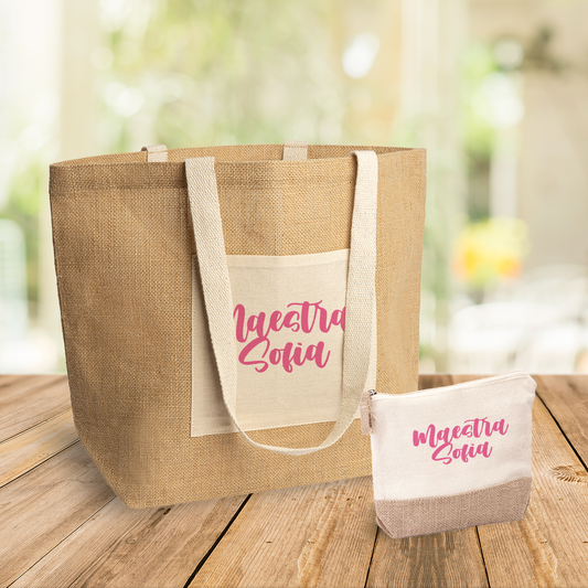 Maestra pink name - Set Combo Borsa mare e Pochette in Juta laminata - personalizzata con nome