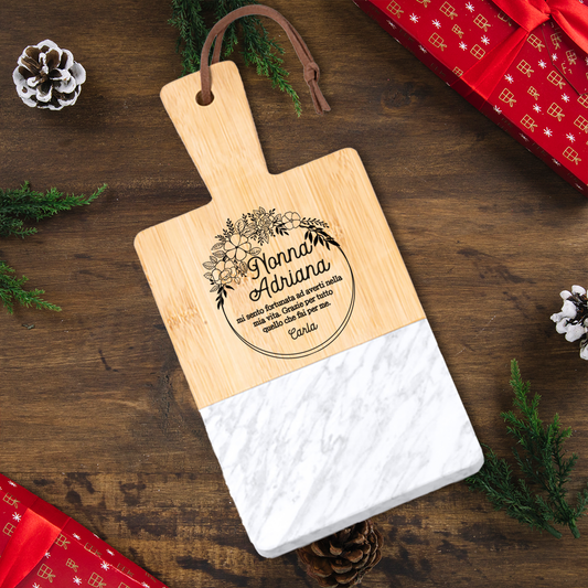 Grazie per tutto quello che fai per me - Tagliere in marmo e bamboo naturale - personalizzato con nome