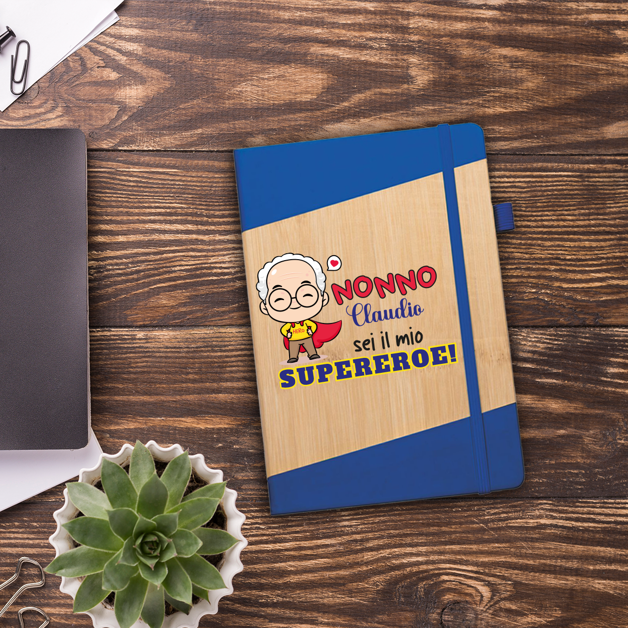 Nonno sei il mio supereroe - Block Notes in PU a righe - personalizzato con nome