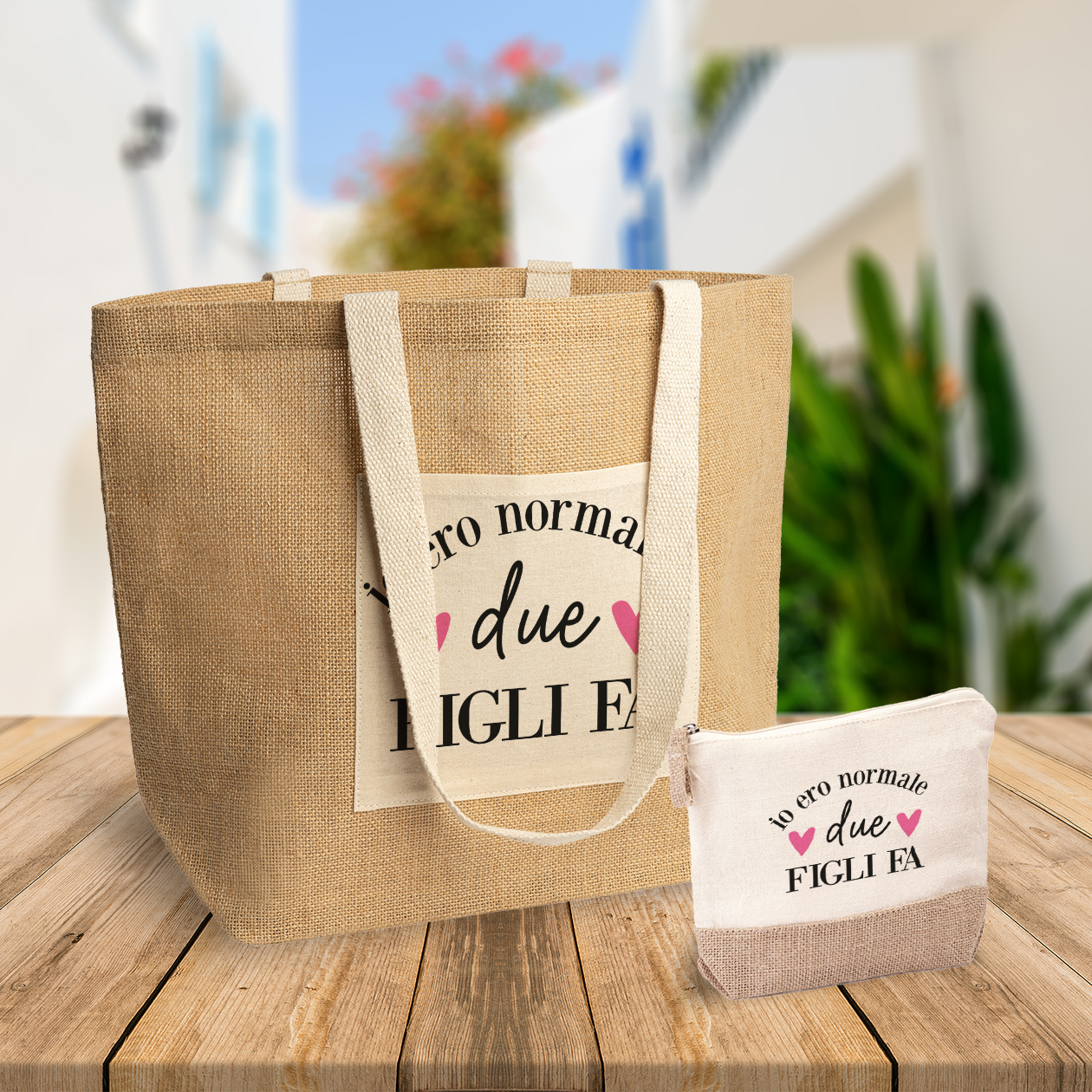 Io ero normale due figli fa - Set Combo Borsa mare e Pochette in Juta laminata