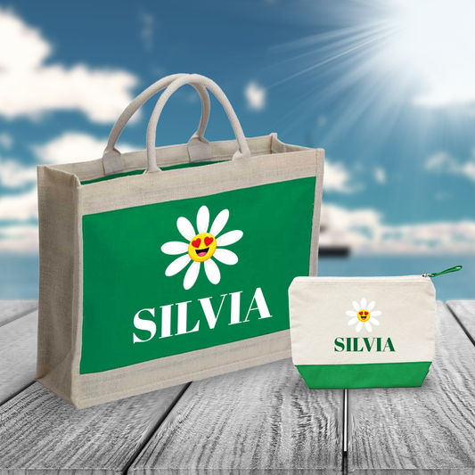 Name Love Flower - Combo: Borsa mare + Pochette - personalizzata con nome