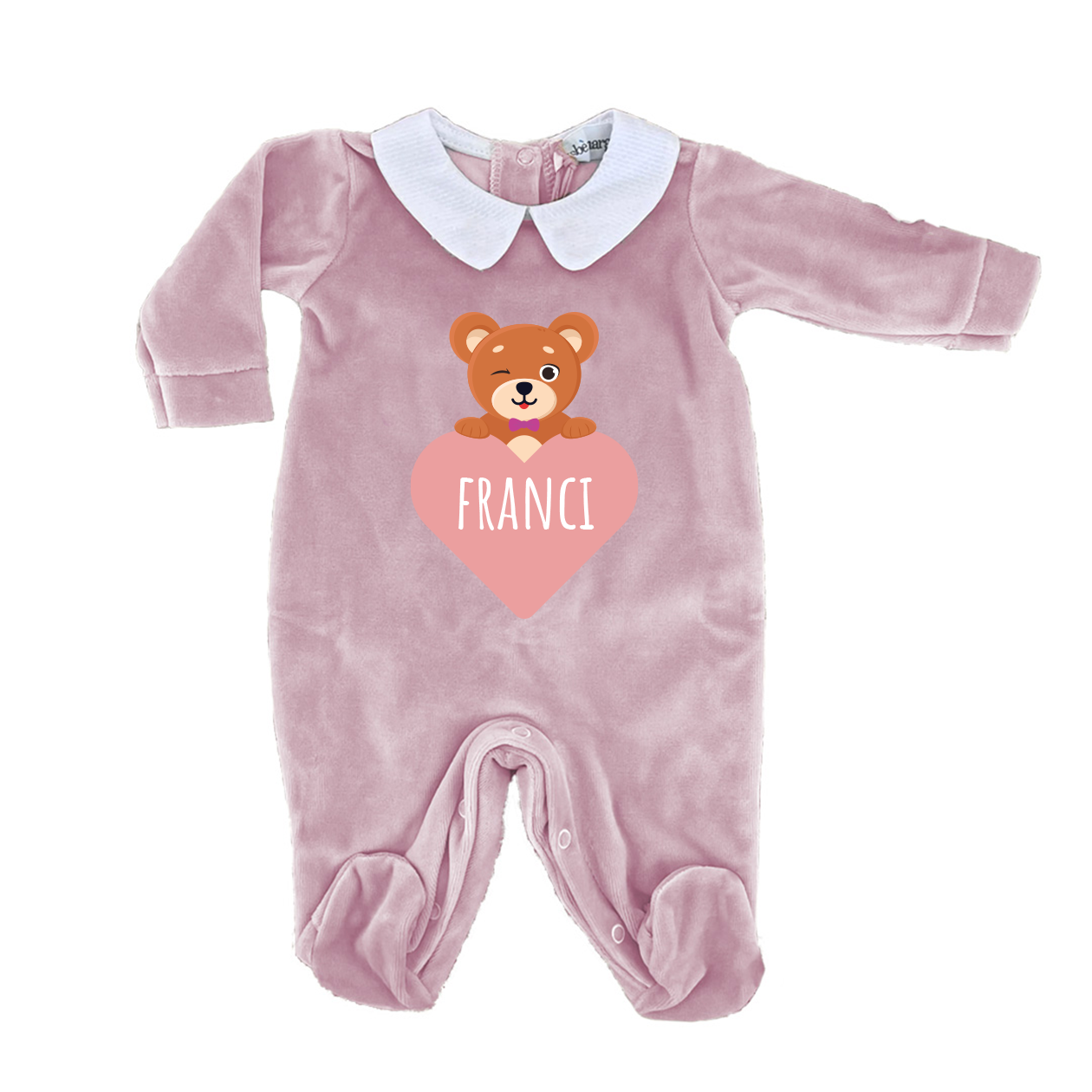 Teddy Heart - Pagliaccetto Neonato in Ciniglia con Colletto Bianco Personalizzato con nome