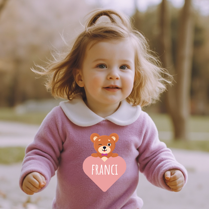 Teddy Heart - Pagliaccetto Neonato in Ciniglia con Colletto Bianco Personalizzato con nome