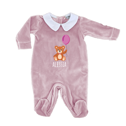 Baby Pink Balloon - Pagliaccetto Neonato in Ciniglia con Colletto Bianco Personalizzato con nome