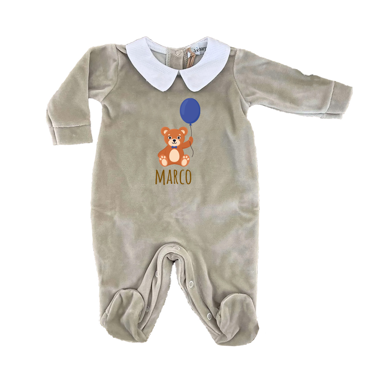 Baby Blue Balloon - Pagliaccetto Neonato in Ciniglia con Colletto Bianco Personalizzato con nome