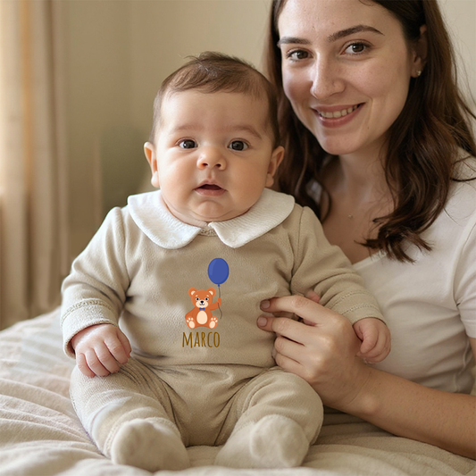 Baby Blue Balloon - Pagliaccetto Neonato in Ciniglia con Colletto Bianco Personalizzato con nome