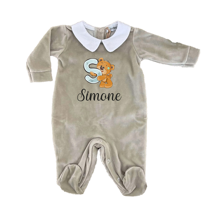 Teddy Bear - Pagliaccetto Neonato in Ciniglia con Colletto Bianco Personalizzato con nome e iniziale