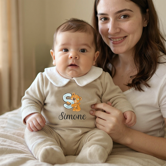 Teddy Bear - Pagliaccetto Neonato in Ciniglia con Colletto Bianco Personalizzato con nome e iniziale