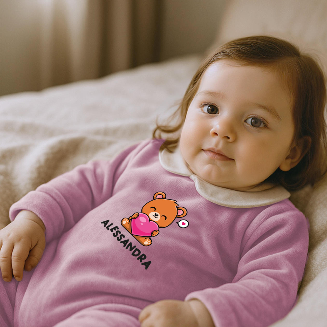 Baby Heart - Pagliaccetto Neonato in Ciniglia con Colletto Bianco Personalizzato con nome