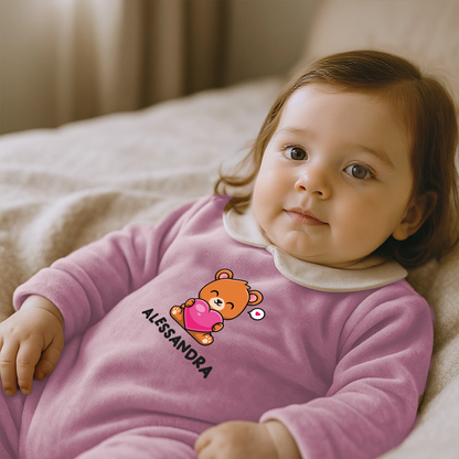 Baby Heart - Pagliaccetto Neonato in Ciniglia con Colletto Bianco Personalizzato con nome