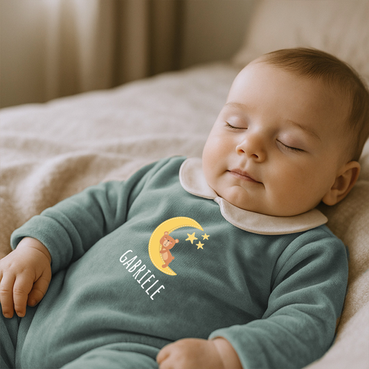 Baby Moon Stars - Pagliaccetto Neonato in Ciniglia con Colletto Bianco Personalizzato con nome