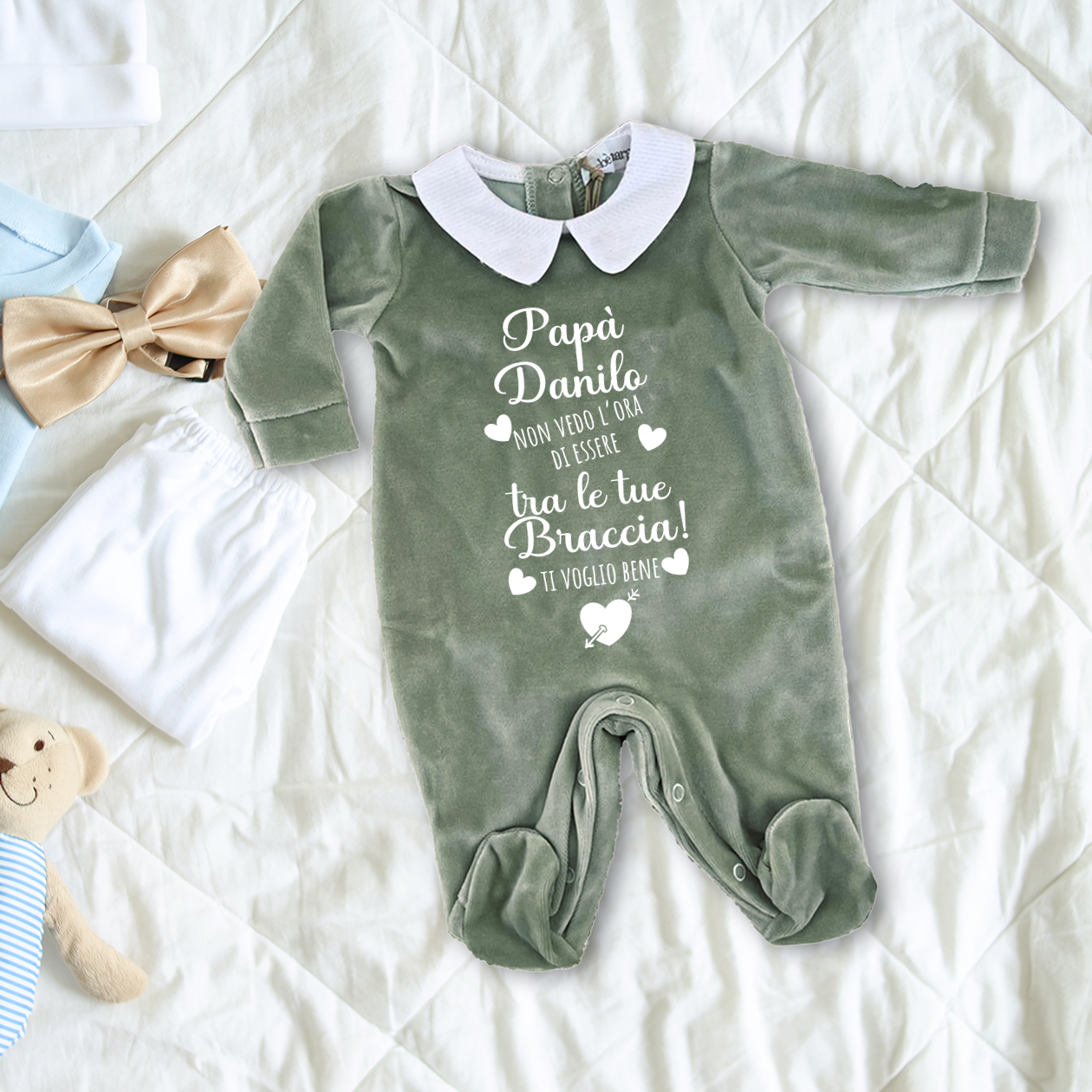 Ti voglio bene papà - Pagliaccetto Neonato in Ciniglia con Colletto Bianco personalizzato con nome