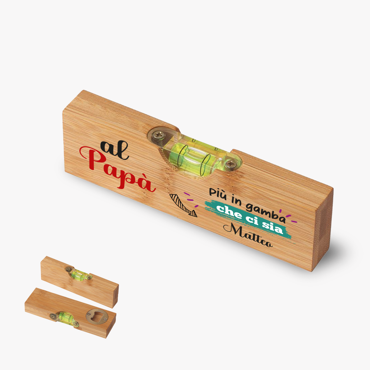 Al papà più in gamba che ci sia - Apribottiglia con mini livella - personalizzato con nome