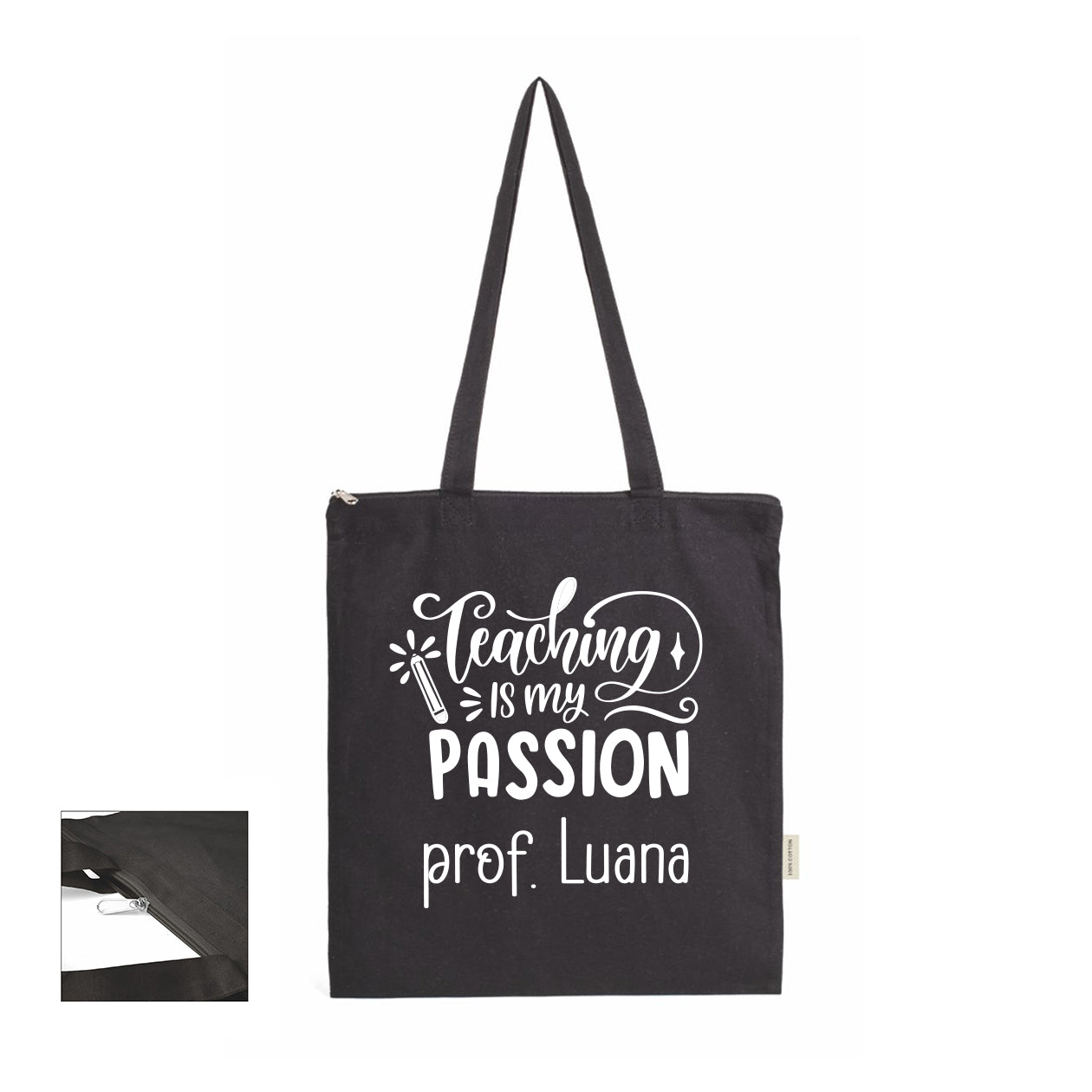 Teaching is my passion - Shopper In Cotone con chiusura zip - personalizzata con nome