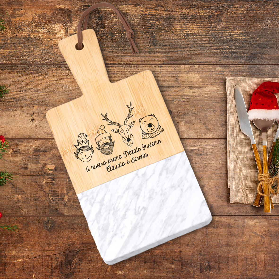 Il nostro prima Natale insieme - Tagliere in marmo e bamboo naturale - personalizzato con nomi