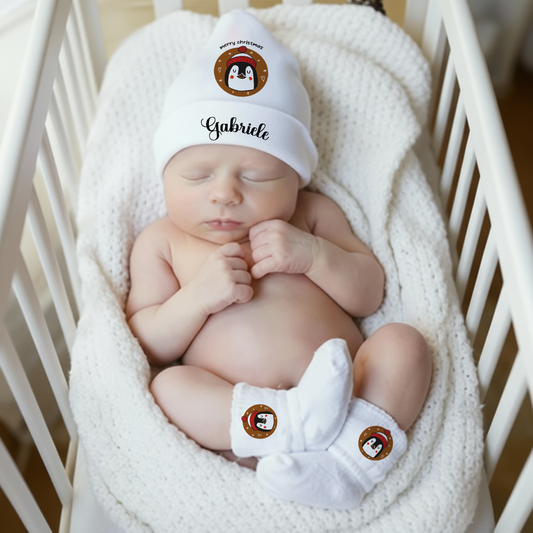 Christmas Pingu - Set Nascita Cappellino + Calzini - personalizzato con nome