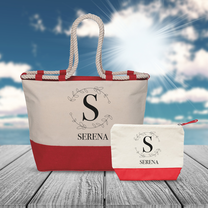 Line Flower - Combo: Borsa mare + Pochette - personalizzata con nome e iniziale