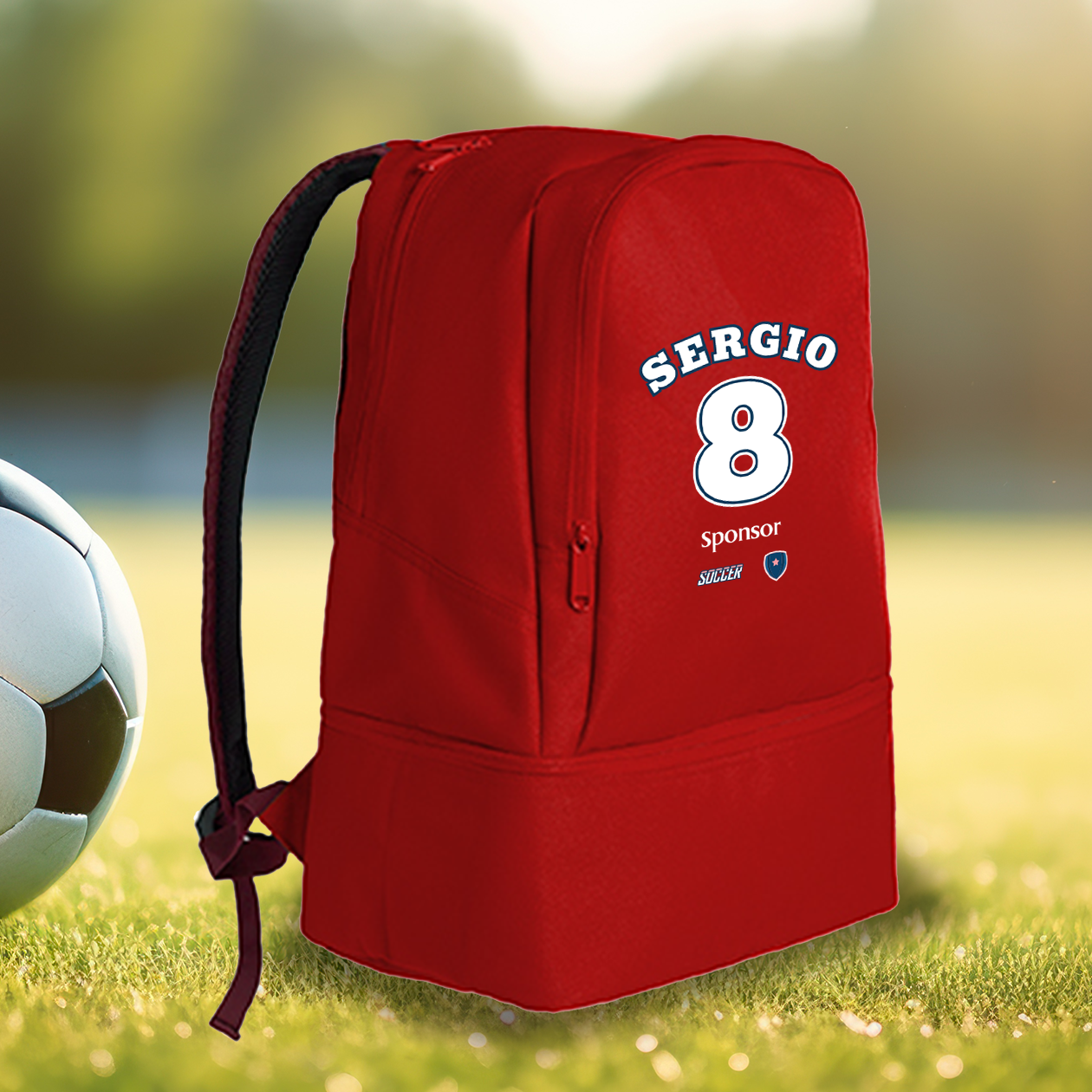 Soccer - Zaino con scomparto sul fondo rigiro portascarpe - personalizzato con nome, numero e sponsor