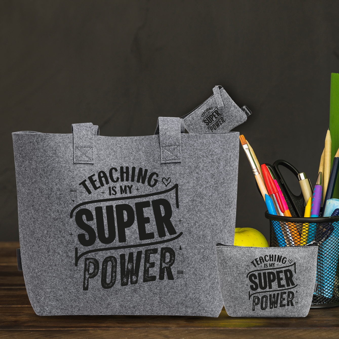 Teaching is my super power - Tris Borse in feltro con designe melange