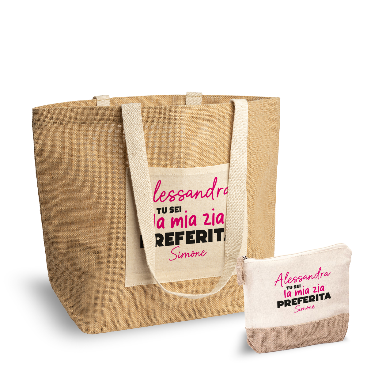 La mia zia preferita - Set Combo Borsa mare e Pochette in Juta laminata - personalizzato