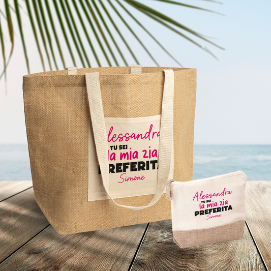 La mia zia preferita - Set Combo Borsa mare e Pochette in Juta laminata - personalizzato