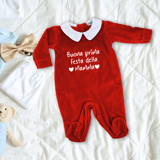 Buona prima festa dalla mamma - Pagliaccetto Neonato in Ciniglia con Colletto Bianco