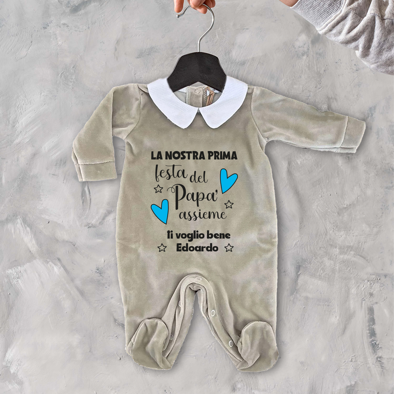 La nostra prima festa del papà assieme - Pagliaccetto Neonato in Ciniglia con Colletto Bianco personalizzato con nome