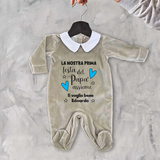 La nostra prima festa del papà assieme - Pagliaccetto Neonato in Ciniglia con Colletto Bianco personalizzato con nome