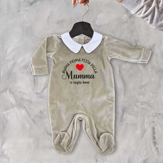 Buona prima festa della mamma ti voglio bene - Pagliaccetto Neonato in Ciniglia con Colletto Bianco