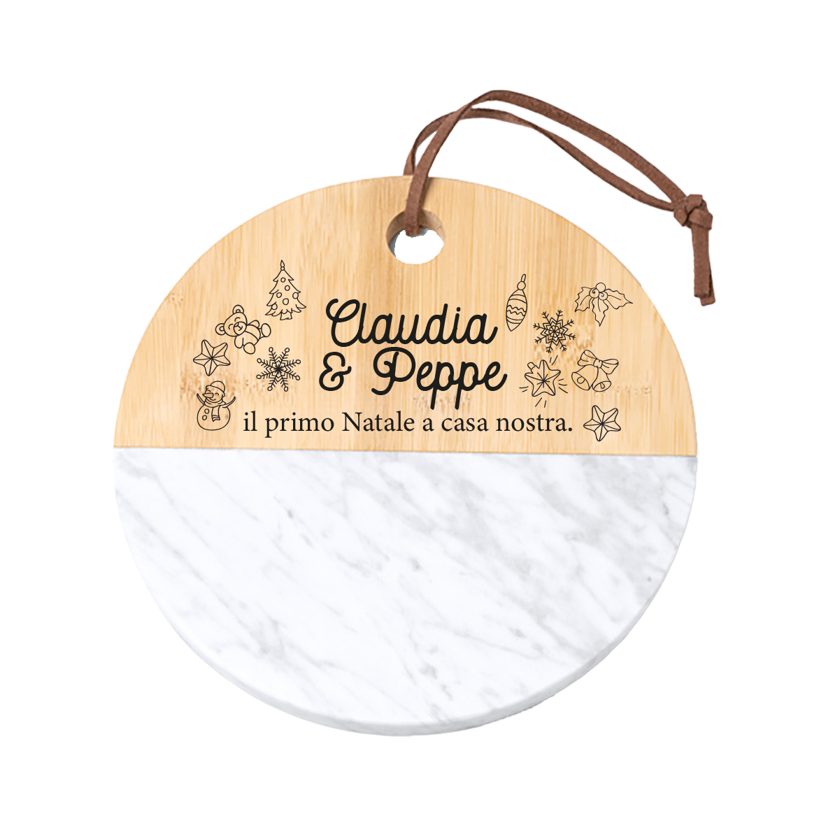 Il primo Natale a casa nostra - Tagliere in marmo e bamboo naturale - personalizzato con nomi