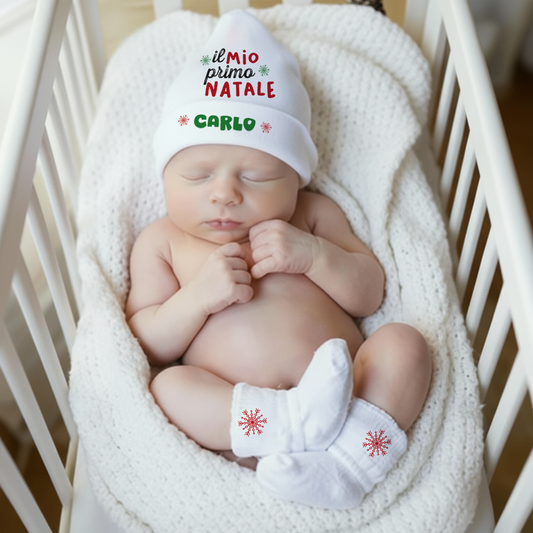Il mio primo Natale (green) - Set Nascita Cappellino + Calzini - personalizzato con nome