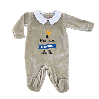 Il principe di mamma - Pagliaccetto Neonato in Ciniglia con Colletto Bianco personalizzato con nome