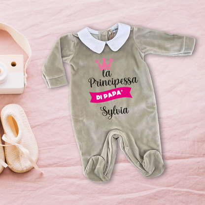 La principessa di papà - Pagliaccetto Neonato in Ciniglia con Colletto Bianco personalizzato con nome