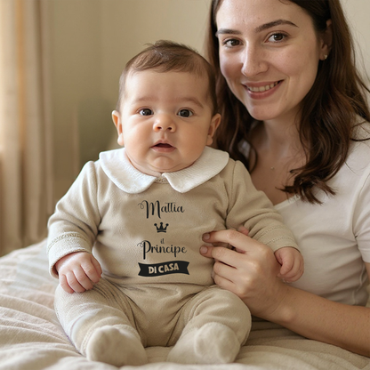 Il principe di casa - Pagliaccetto Neonato in Ciniglia con Colletto Bianco personalizzato con nome