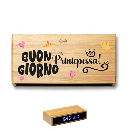 Buongiorno principessa - Sveglia Digitale in Bambù con Orologio da Tavolo