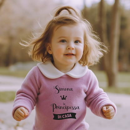 La principessa di casa - Pagliaccetto Neonato in Ciniglia con Colletto Bianco personalizzato con nome