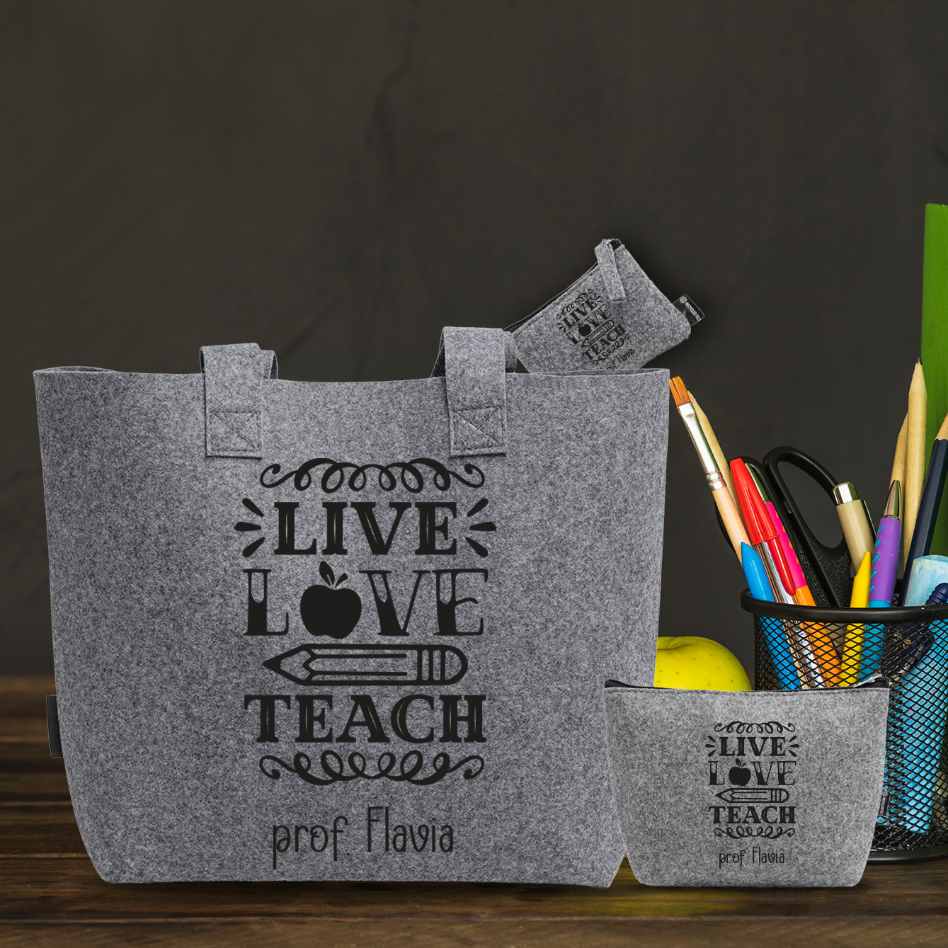 Live, love, teach - Tris Borse in feltro con designe melange - personalizzato con nome