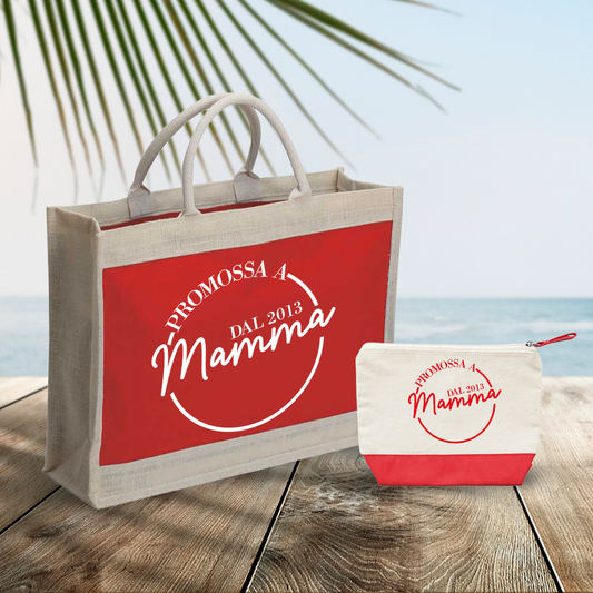 Promossa a mamma - Combo: Borsa mare + Pochette - personalizzata con data
