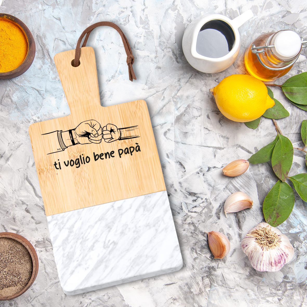 Ti voglio bene papà - Tagliere in marmo e bamboo naturale