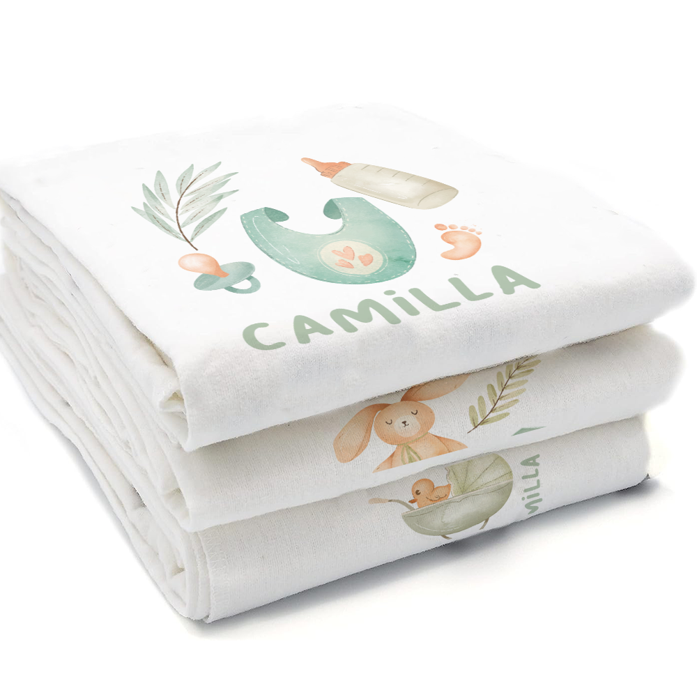 Green Rabbit - Set 3 pezzi mussole personalizzate con nome