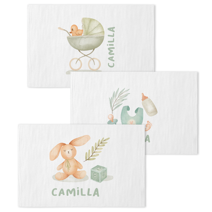 Green Rabbit - Set 3 pezzi mussole personalizzate con nome