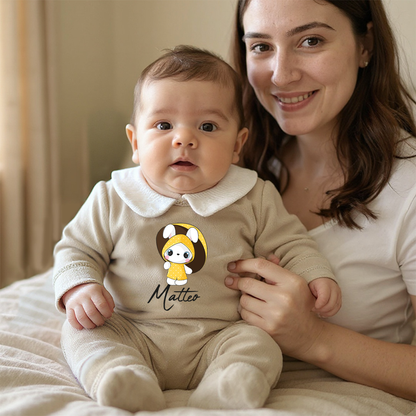 Baby Rabbit - Pagliaccetto Neonato in Ciniglia con Colletto Bianco Personalizzato con nome