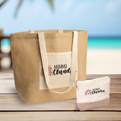 Mamma color heart - Set Combo Borsa mare e Pochette in Juta laminata - personalizzato con nome