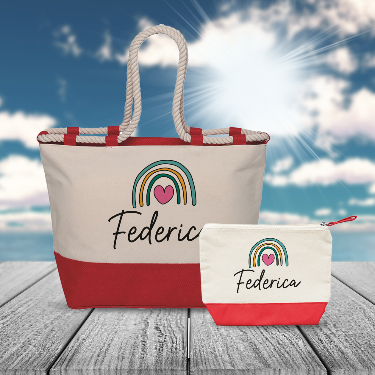 Rainbow Heart - Combo: Borsa mare + Pochette - personalizzata con nome