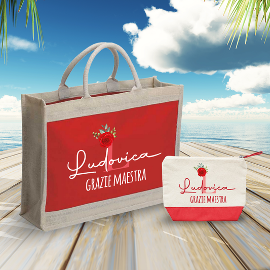Maestra red rose - Combo: Borsa mare + Pochette - personalizzata con nome